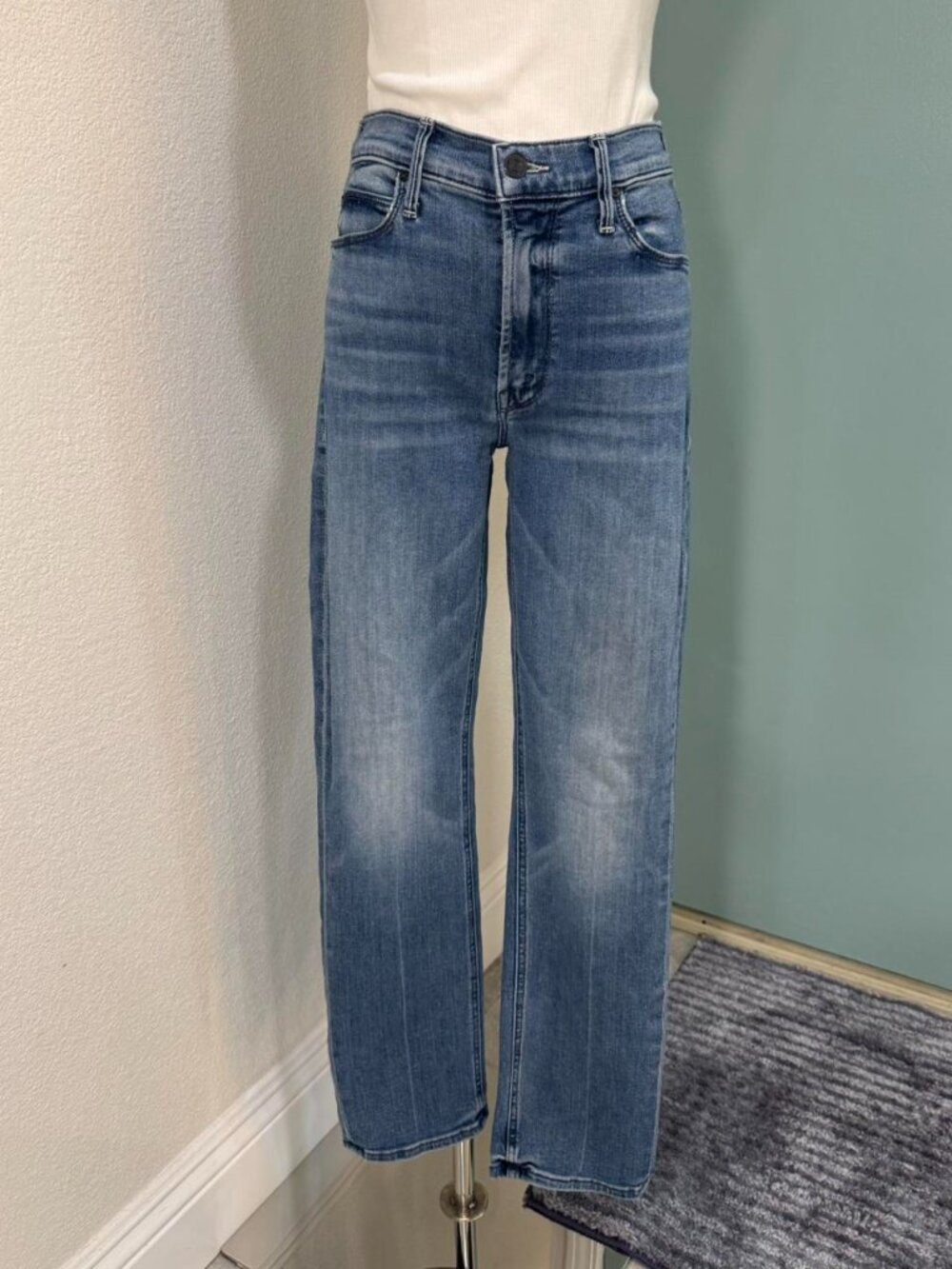 Mother mid rise Dazzler Ankle Fray crop jeans in the color We The Animals